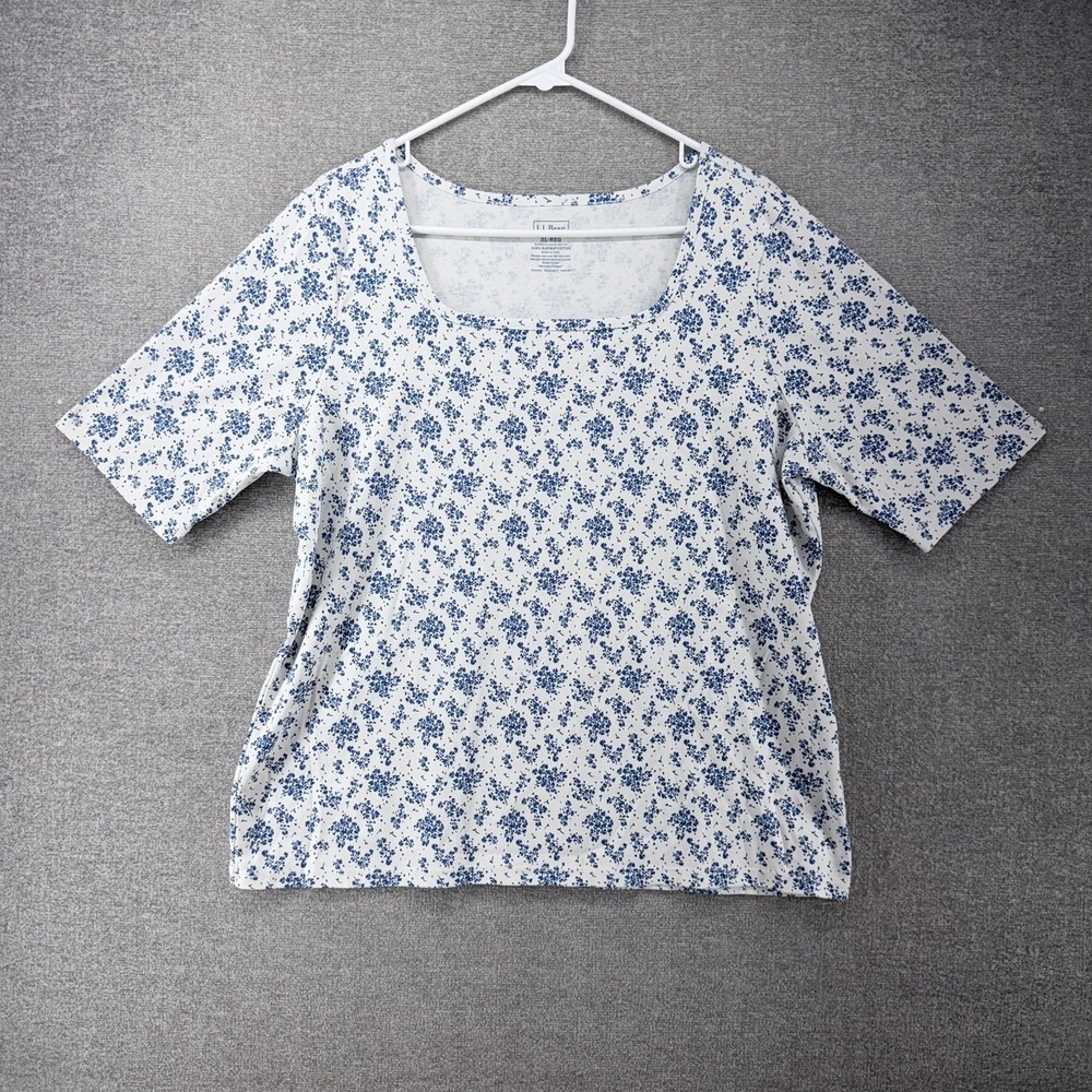 LL Bean Short Sleeve Top Women Size XL Reg White Floral Pima Cotton Casual